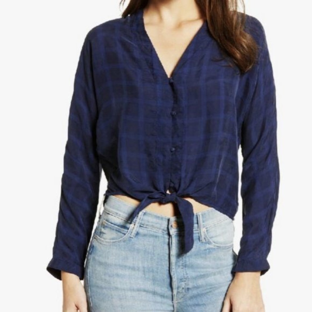 Rails Women's Blue Sloan Cupro Tie Front Plaid Blouse Top Size XS